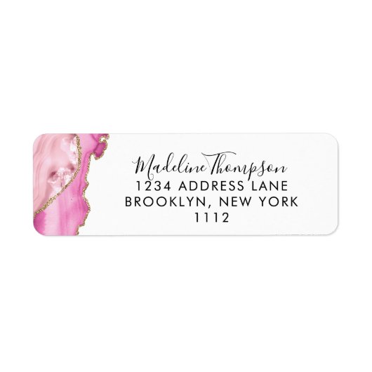Pink Gold Agate Geode Script Typography Address ラベル (正面)