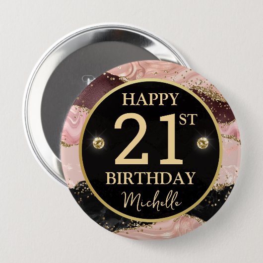 Pink Gold Agate Glitter Birthday Badge 缶バッジ (正面&裏面)