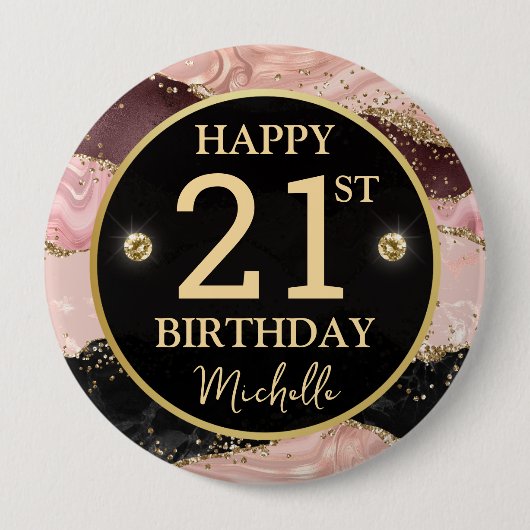 Pink Gold Agate Glitter Birthday Badge 缶バッジ (正面)