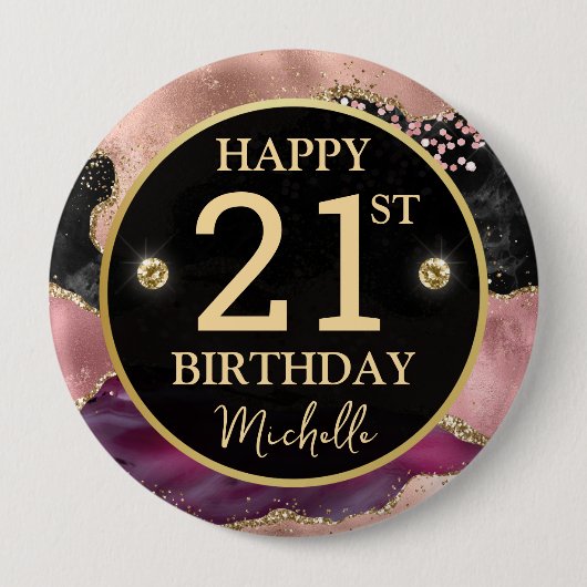 Pink Gold Agate Glitter Birthday Badge 缶バッジ (正面)