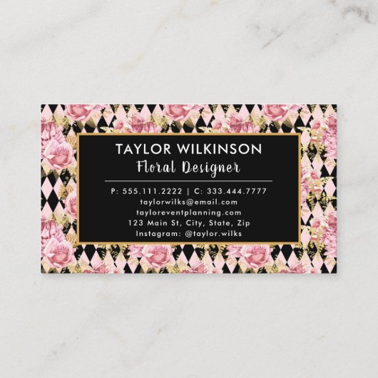 Pink, Gold and Black Floral Roses with Diamonds Bu 名刺 (裏面)