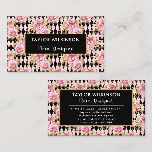 Pink, Gold and Black Floral Roses with Diamonds Bu 名刺 (正面/裏面)