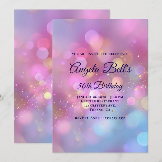 Pink Gold and Blue Bokeh 50th Birthday 招待状 (正面/裏面)