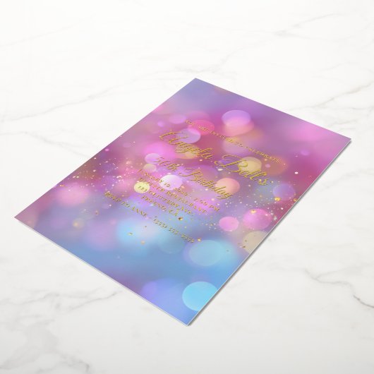 Pink Gold and Blue Bokeh 50th Birthday 箔招待状 (回転した状態)