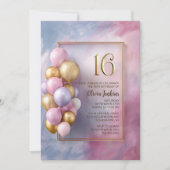 Pink Gold Balloons 16th Birthday Party 招待状 (正面)