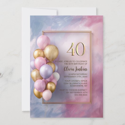Pink Gold Balloons 40th Birthday Party 招待状 (正面)
