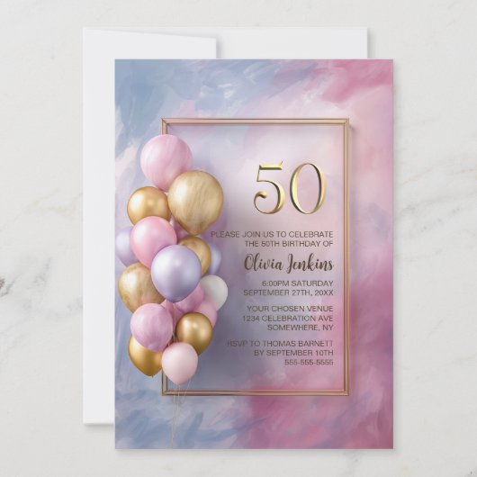 Pink Gold Balloons 50th Birthday Party 招待状 (正面)
