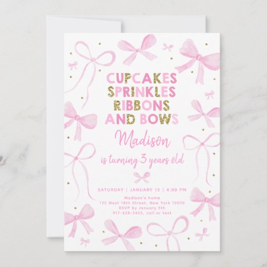 Pink Gold Bow Birthday 招待状 (正面)