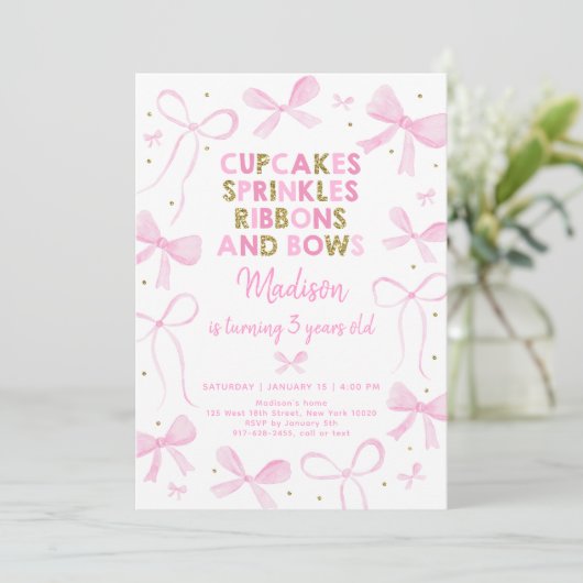 Pink Gold Bow Birthday 招待状 (スタンド正面)