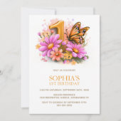 Pink Gold Butterfly Floral 1st Birthday Party 招待状 (正面)