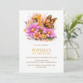 Pink Gold Butterfly Floral 1st Birthday Party 招待状 (スタンド正面)