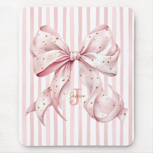 Pink Gold Confetti Bow Monogram Name マウスパッド (正面)