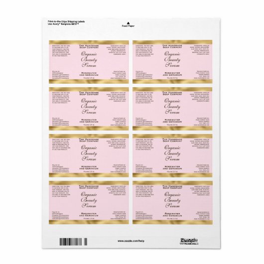 Pink & Gold Cosmetics Dropper Bottle Label ラベル (フルシート)