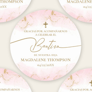 Pink Gold Cross Girl Baptism Bautizo ラウンドシール