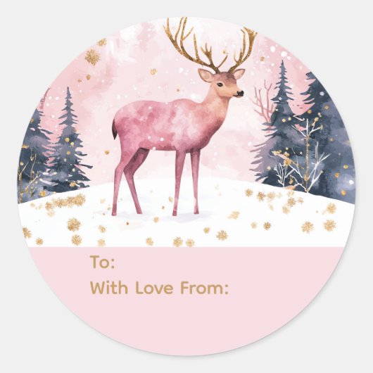 Pink & Gold Deer Personalized To and From Stickers ラウンドシール (正面)