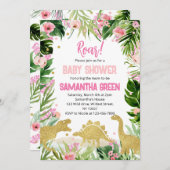 Pink Gold Dinosaur Baby Shower 招待状 (正面/裏面)