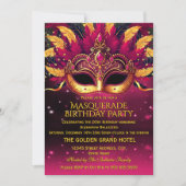 Pink Gold Feathers Masks Masquerade Birthday Party 招待状 (正面)