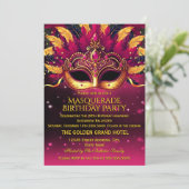 Pink Gold Feathers Masks Masquerade Birthday Party 招待状 (スタンド正面)