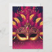 Pink Gold Feathers Masks Masquerade Birthday Party 招待状 (裏面)