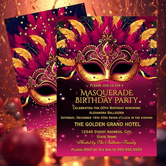 Pink Gold Feathers Masks Masquerade Birthday Party 招待状