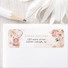 Pink Gold Floral Bear Baby Shower Return Address ラベル