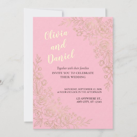 Pink Gold Floral Elegant Wedding Invitation 招待状 (正面)