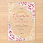 Pink Gold Floral Quinceanera アクリル招待状 (正面)