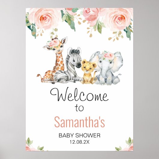 Pink Gold Floral Safari Baby Shower Welcome Sign ポスター (正面)