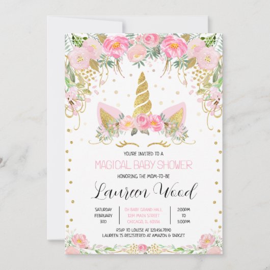 Pink Gold Floral Unicorn Baby Shower 招待状 (正面)