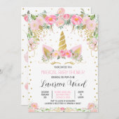 Pink Gold Floral Unicorn Baby Shower 招待状 (正面/裏面)