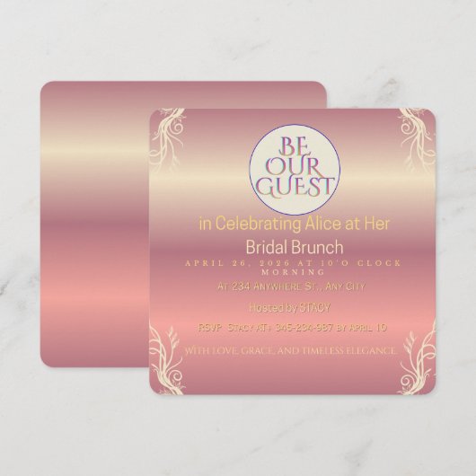 Pink & Gold Foliage Bride to Be Invitation | Chic  招待状 (正面/裏面)