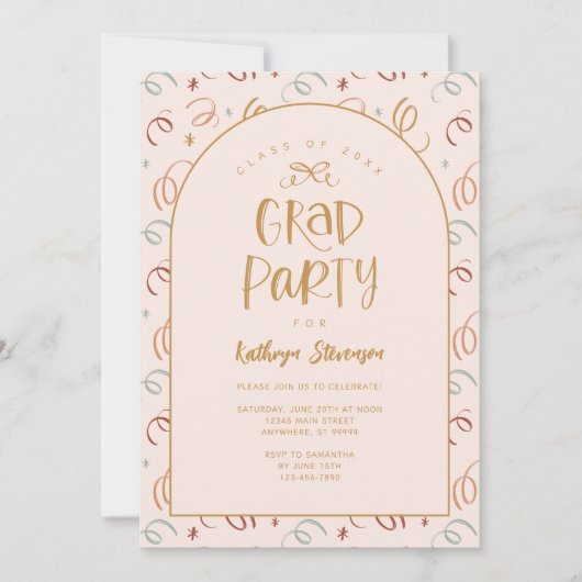 Pink Gold Girly Hand Drawn Confetti Grad Party 招待状 (正面)