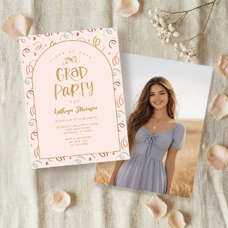 Pink Gold Girly Hand Drawn Confetti Grad Party 招待状