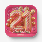 Pink & Gold Glitter Drip 21st Birthday Celebration ペーパープレート (正面)