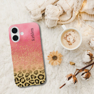Pink Gold Glitter Leopard Print Monogrammed Name iPhone 16ケース