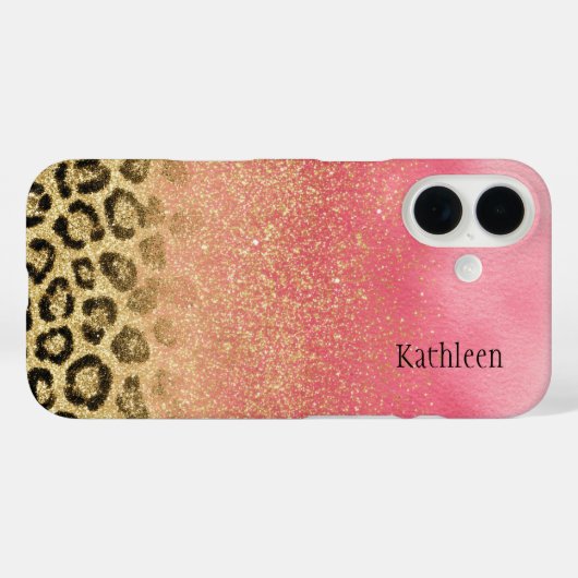 Pink Gold Glitter Leopard Print Monogrammed Name Case-Mate iPhoneケース (裏面 (横))