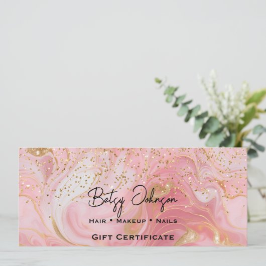 Pink & Gold Glitter Marbled Gift Certificate Card 招待状 (スタンド正面)