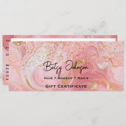 Pink & Gold Glitter Marbled Gift Certificate Card 招待状 (正面/裏面)