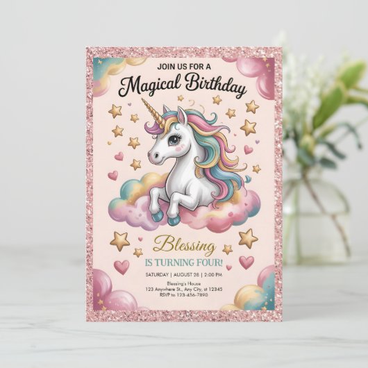 Pink & Gold Glitter Party 招待状 (スタンド正面)