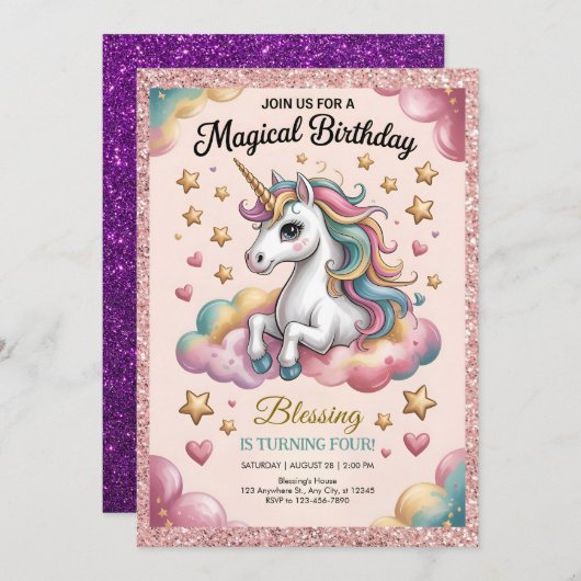 Pink & Gold Glitter Party 招待状 (正面/裏面)