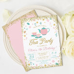 Pink Gold Glitter Tea Party Girls Birthday 招待状<br><div class="desc">Pink Gold Glitter Tea Party Girls Birthday Invitation</div>