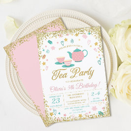 Pink Gold Glitter Tea Party Girls Birthday 招待状