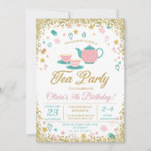Pink Gold Glitter Tea Party Girls Birthday 招待状 (正面)