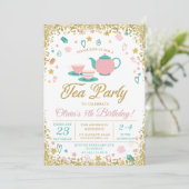 Pink Gold Glitter Tea Party Girls Birthday 招待状 (スタンド正面)