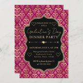 Pink & Gold Heart Damask Galentine's Dinner Party 招待状 (正面/裏面)