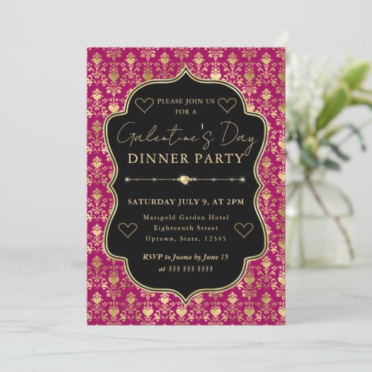 Pink & Gold Heart Damask Galentine's Dinner Party 招待状 (スタンド正面)