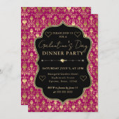 Pink & Gold Heart Damask Galentine's Dinner Party 招待状 (正面/裏面)