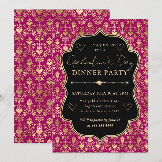 Pink & Gold Heart Damask Galentine's Dinner Party 招待状 (正面/裏面)