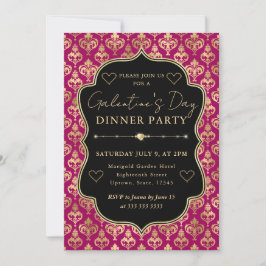 Pink & Gold Heart Damask Galentine's Dinner Party 招待状