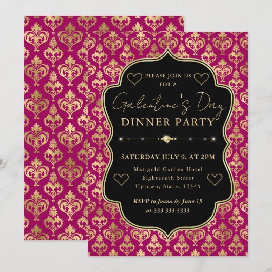 Pink & Gold Heart Damask Galentine's Dinner Party 招待状 (正面/裏面)